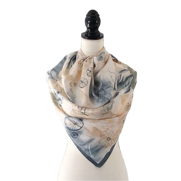 Tie Rack Vintage Gray & Tan Abstract Floral Scarf - 30” Square - Picture 1 of 9